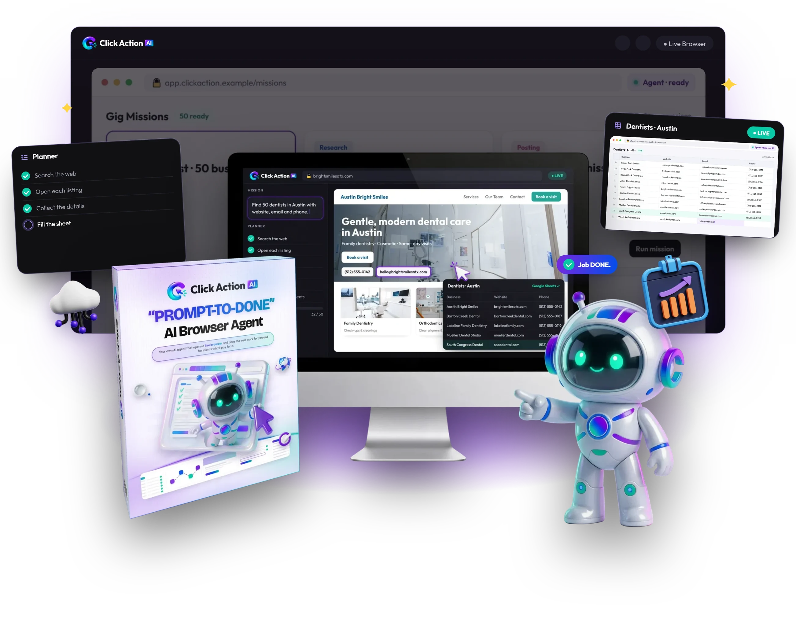 The Click Action AI dashboard with the box, a monitor running a live mission and the robot pointing at it