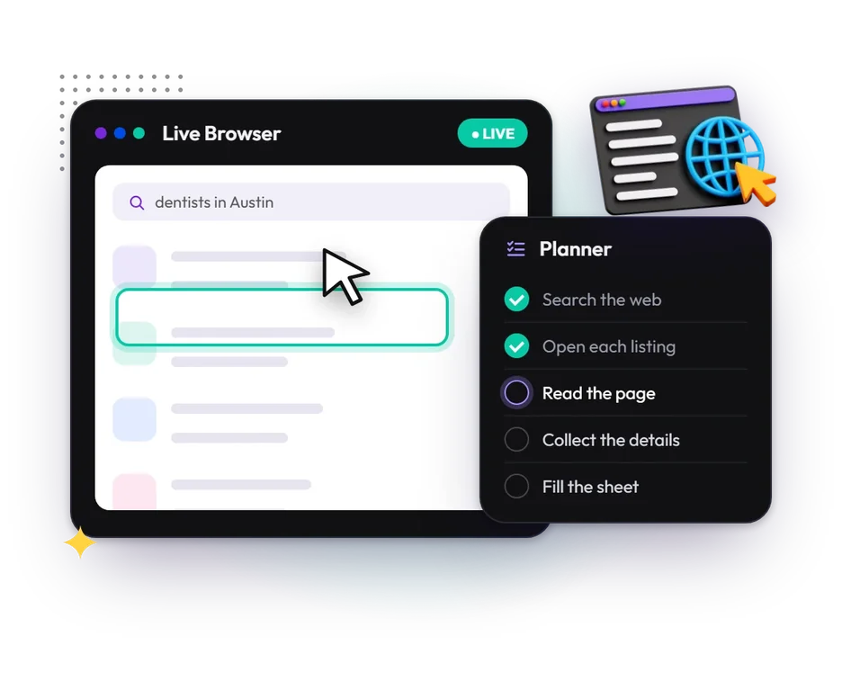 The live browser feed with the step checklist ticking off